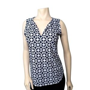 Jude Connally Sleeveless Top Womens M Navy Blue White Geometric Excellent V-Neck